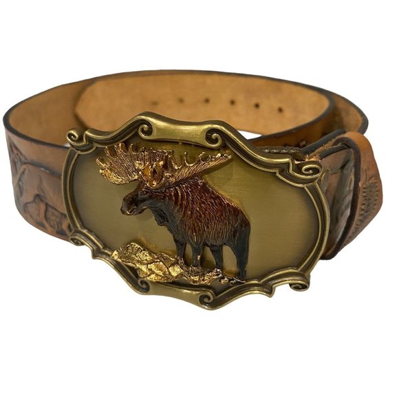 Raintree Other - Rain Tree 1978 Gold Buckle Moose LATITAN Leather Artisan Hand Stained Belt 36
